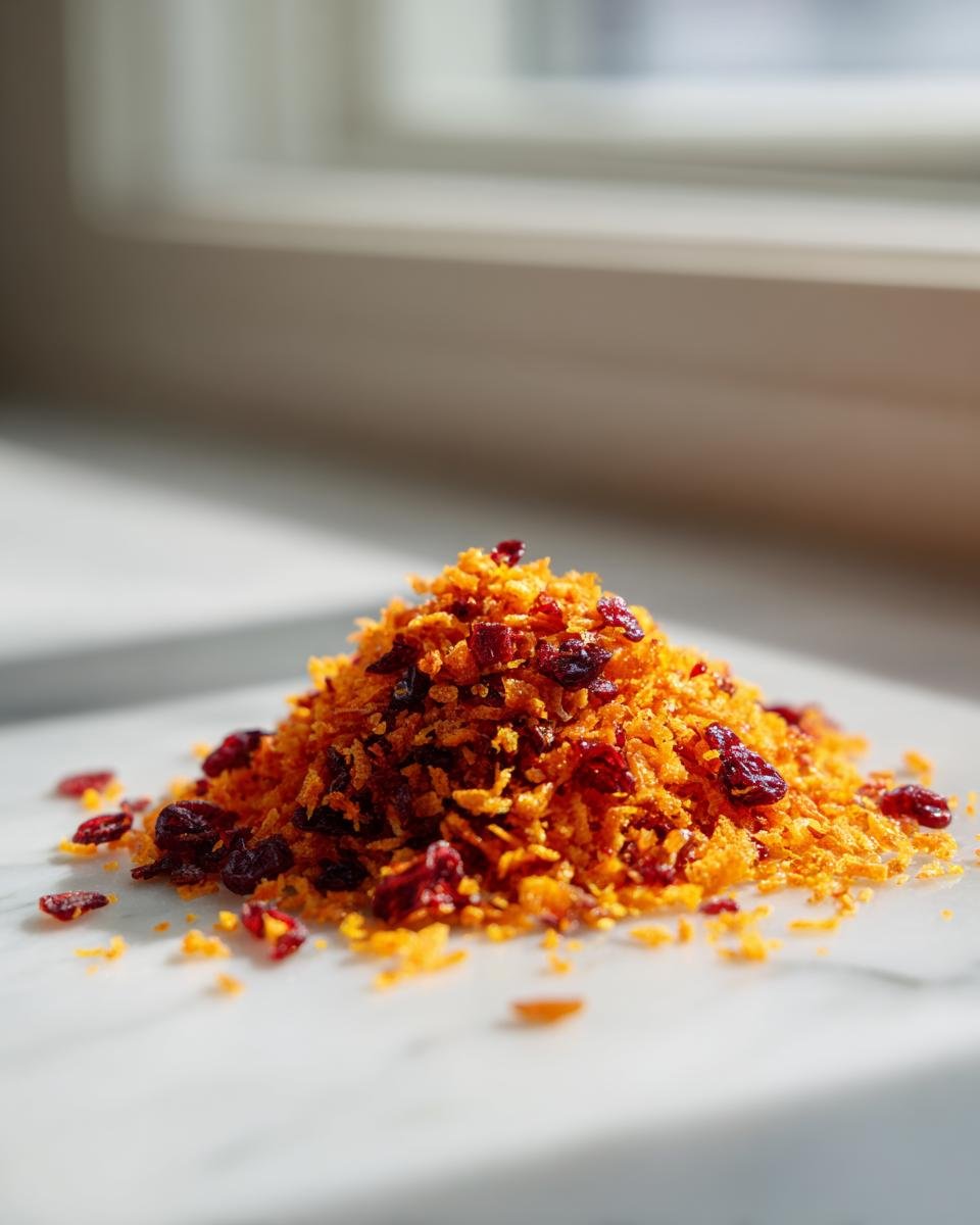 Nahaufnahme eines Haufens aus knusprigen, orangefarbenen Cerealien und getrockneten Cranberries, typisch f&uuml;r Orange Cranberry Chex Mix.