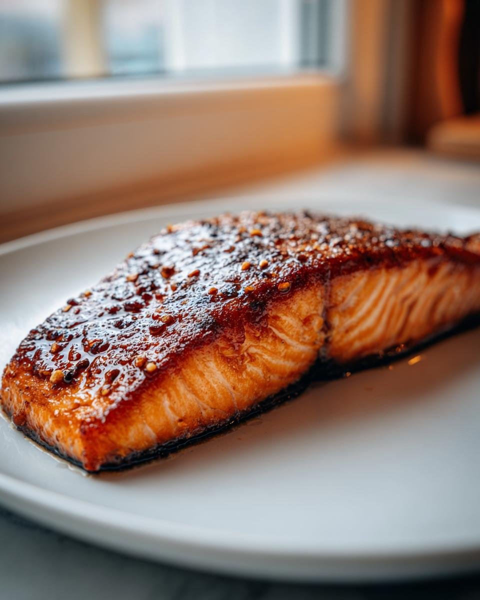 Nahaufnahme eines saftigen Pan Seared Salmon Filets mit gl&auml;nzender, karamellisierter Glasur auf einem wei&szlig;en Teller.