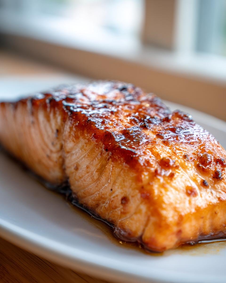 Nahaufnahme eines saftigen, glasierten Pan Seared Salmon Filets auf einem wei&szlig;en Teller.