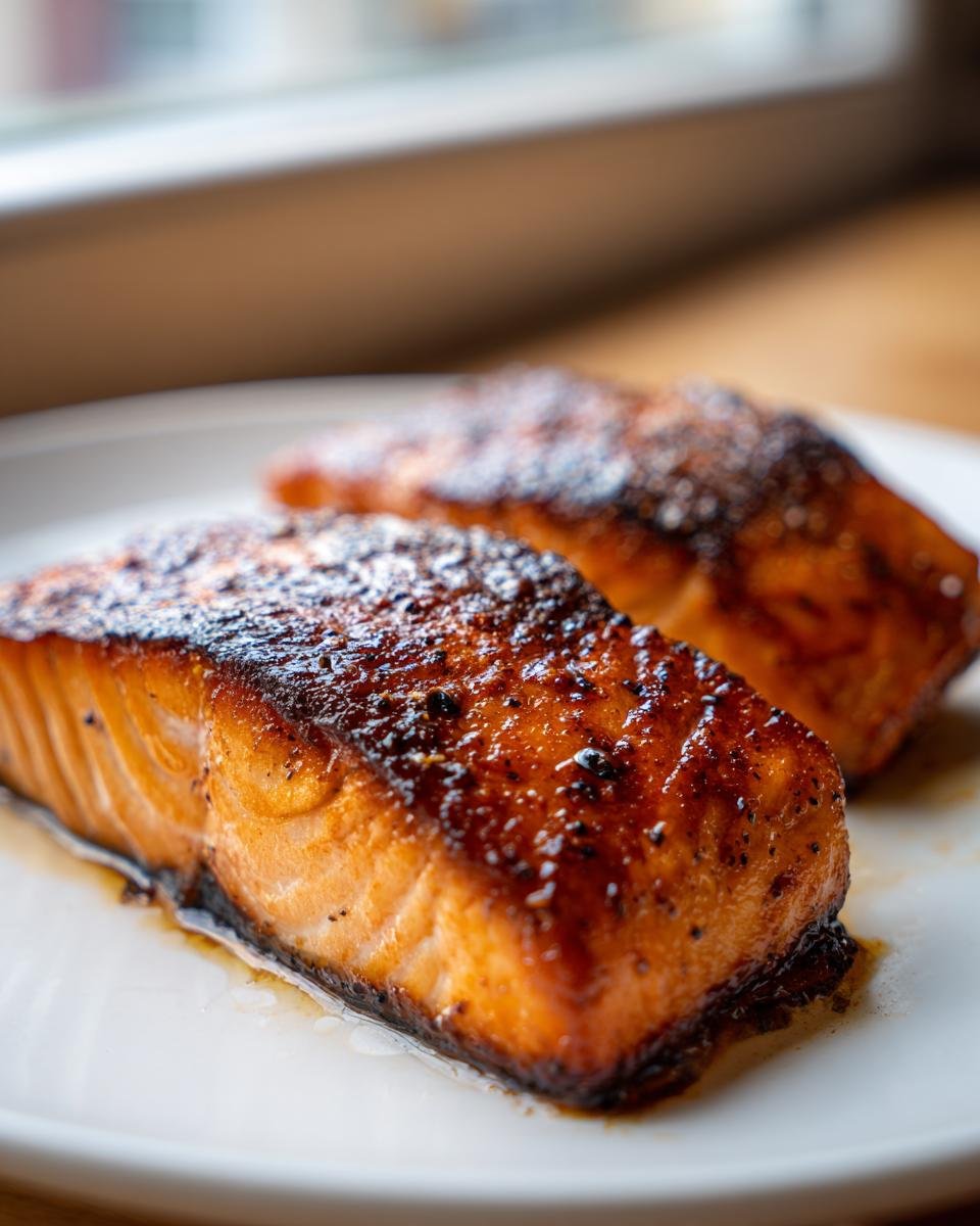 Nahaufnahme von zwei saftigen St&uuml;cken Pan Seared Salmon mit karamellisierter Kruste auf einem wei&szlig;en Teller.