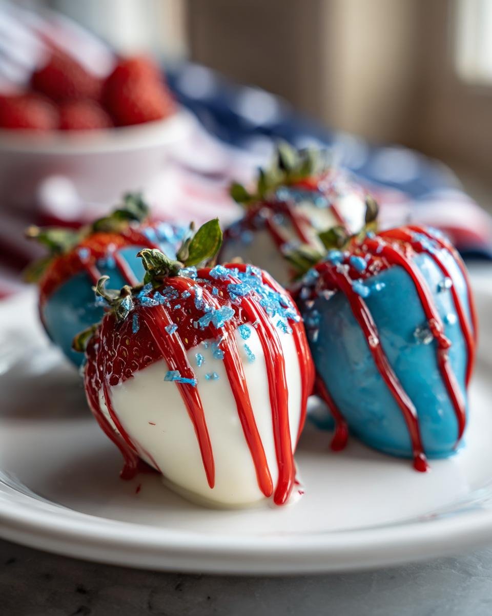 Nahaufnahme von patriotischen Schokoladen-Erdbeeren, dekoriert mit wei&szlig;er und blauer Schokolade und roten Streifen.