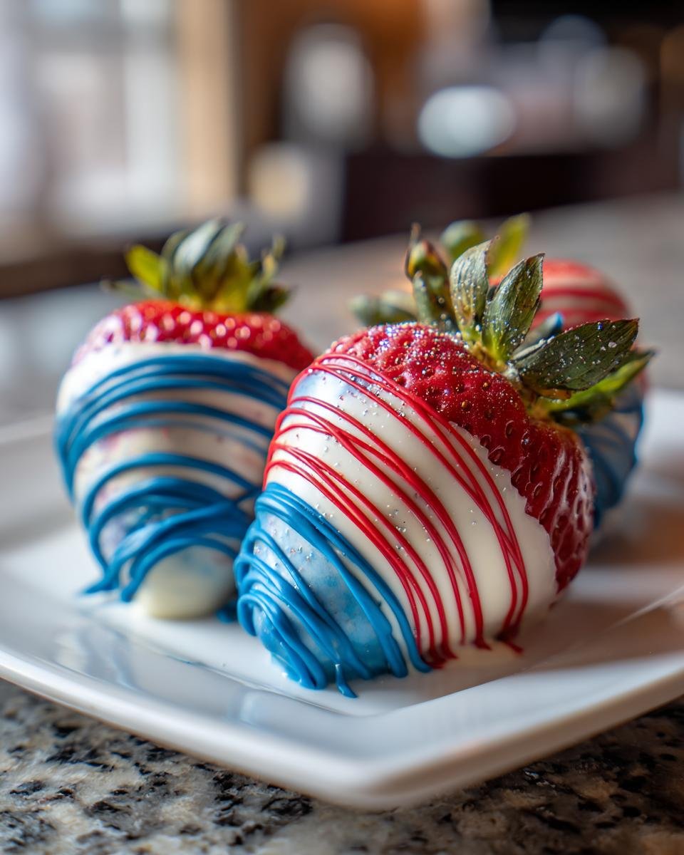 Drei patriotische Schokoladen-Erdbeeren mit wei&szlig;er, roter und blauer Glasur auf einem wei&szlig;en Teller.