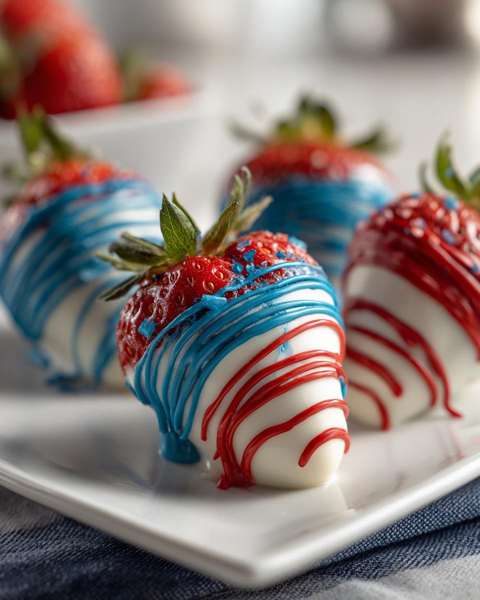 Nahaufnahme von patriotischen Schokoladen-Erdbeeren, dekoriert mit wei&szlig;er Schokolade und roten und blauen Streifen.