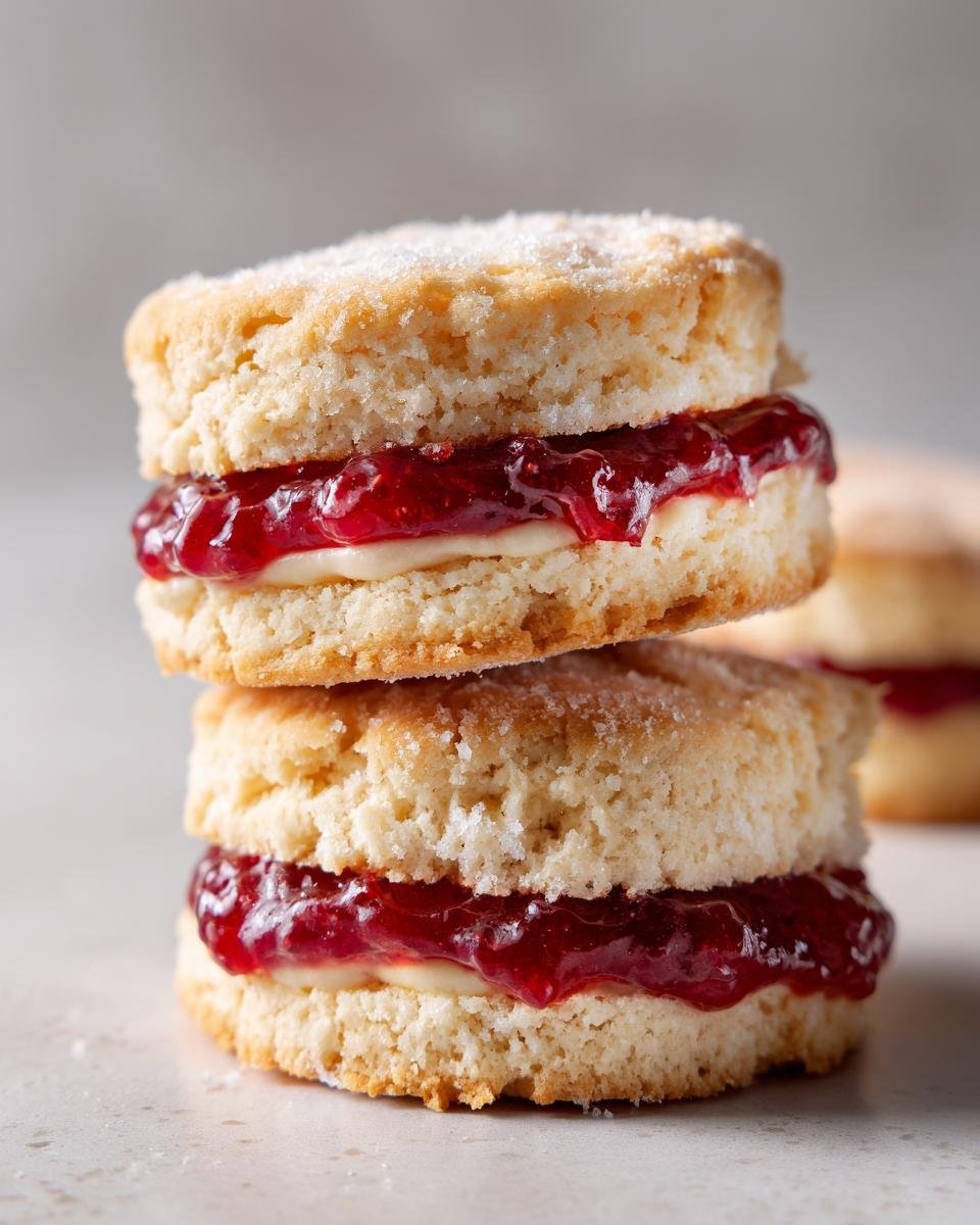 Zwei gestapelte Peach Cookies, gefüllt mit roter Marmelade und einer weißen Creme.