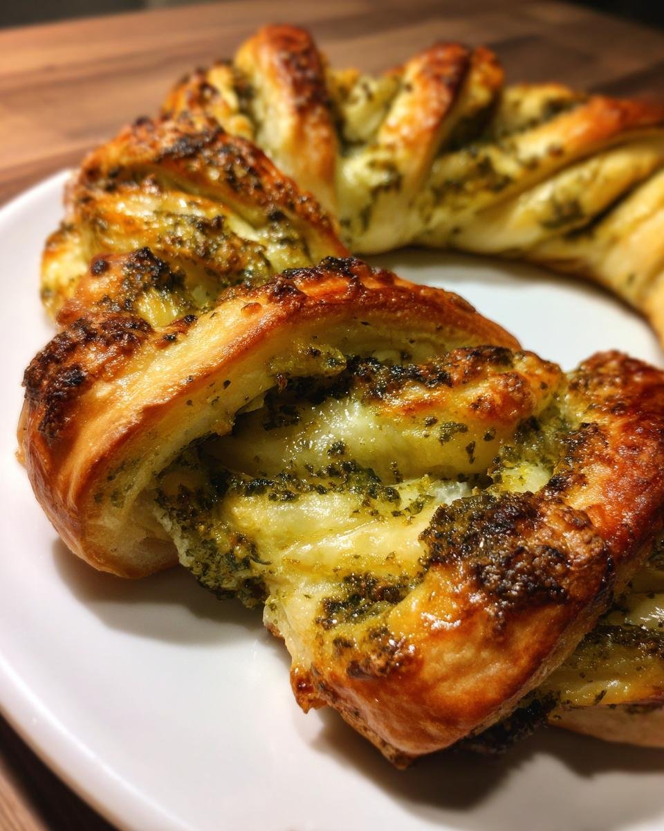 Nahaufnahme eines goldbraun gebackenen Pesto Bl&auml;tterteig Kranzes mit geschmolzenem K&auml;se.