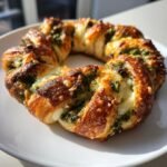 Nahaufnahme eines goldbraun gebackenen Pesto Bl&auml;tterteigkranz mit geschmolzenem K&auml;se auf einem wei&szlig;en Teller.