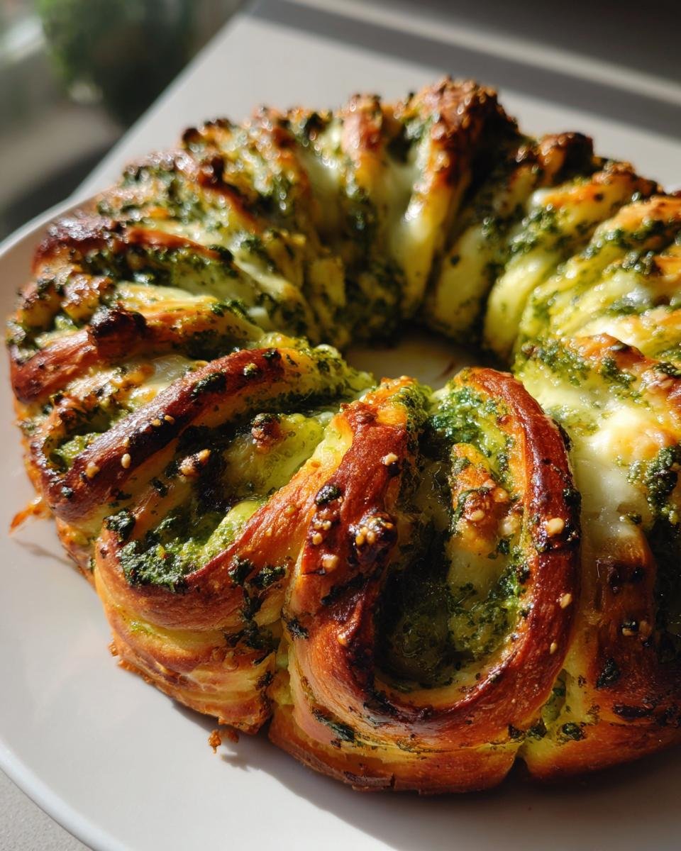 Nahaufnahme eines goldbraunen Pesto Bl&auml;tterteigkranz, gef&uuml;llt mit gr&uuml;nem Pesto und geschmolzenem K&auml;se.