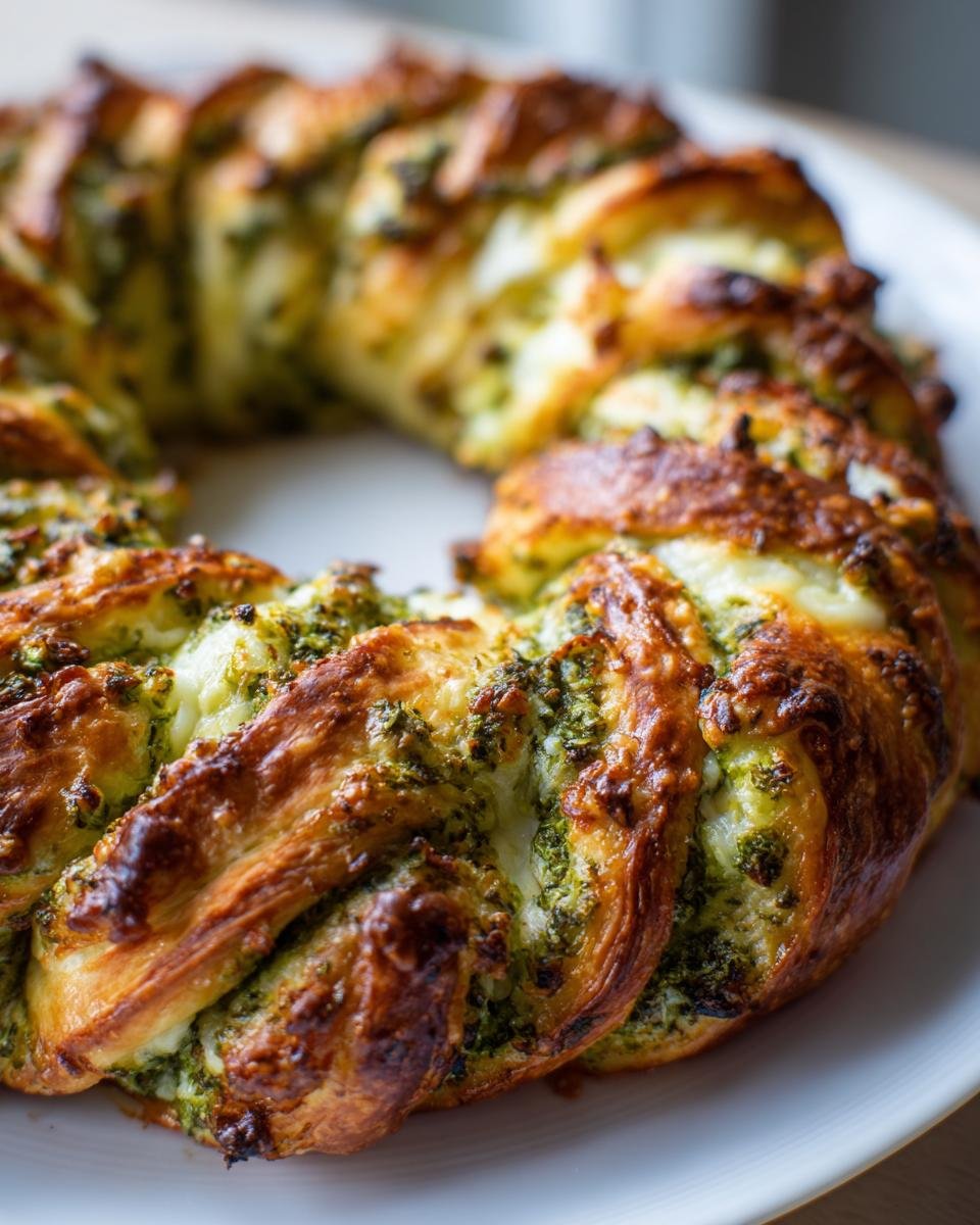 Nahaufnahme eines goldbraunen Pesto Puff Pastry Wreath mit geschmolzenem K&auml;se auf einem wei&szlig;en Teller.