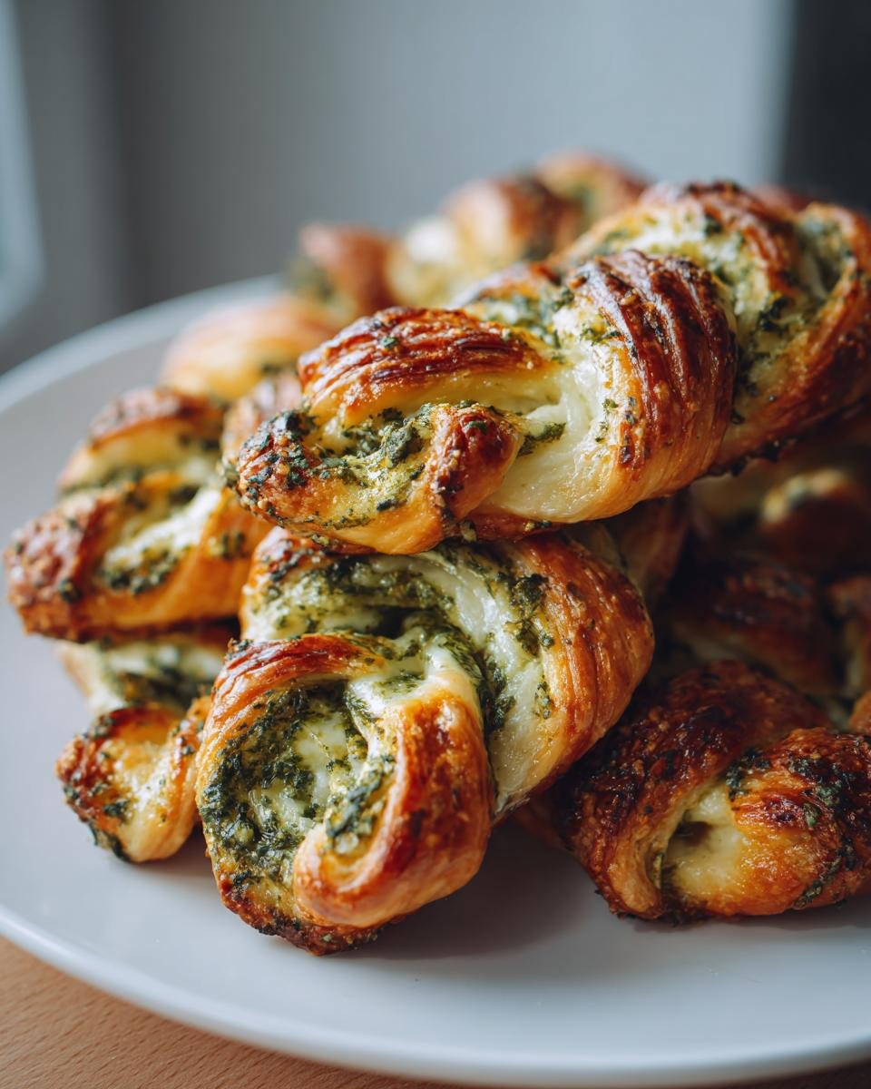 Nahaufnahme von goldbraunen, gebackenen Pesto Puff Pastry Wreath St&uuml;cken mit gr&uuml;ner Pesto-F&uuml;llung.