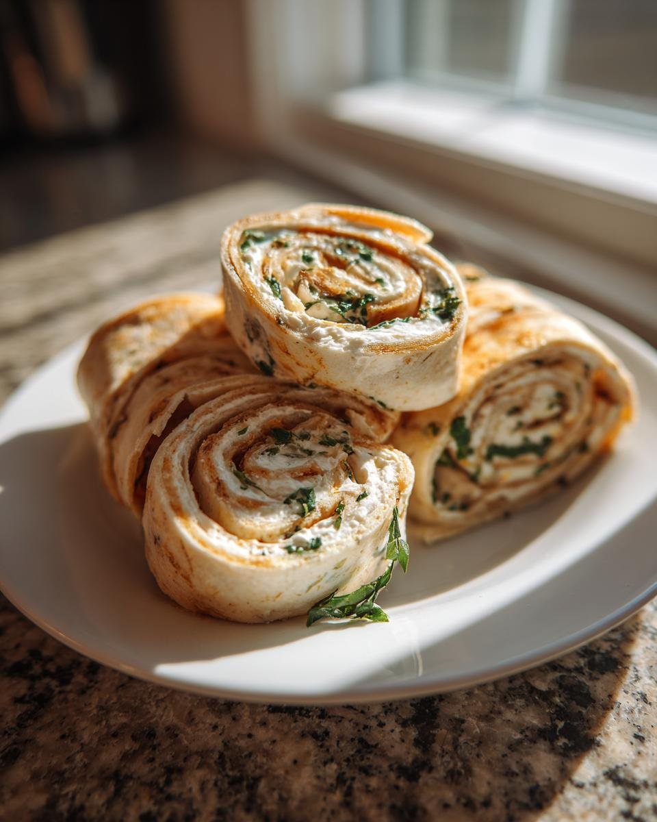 Nahaufnahme von geschnittenen Pinwheel Sandwiches mit cremiger F&uuml;llung und frischen Kr&auml;utern auf einem Teller.