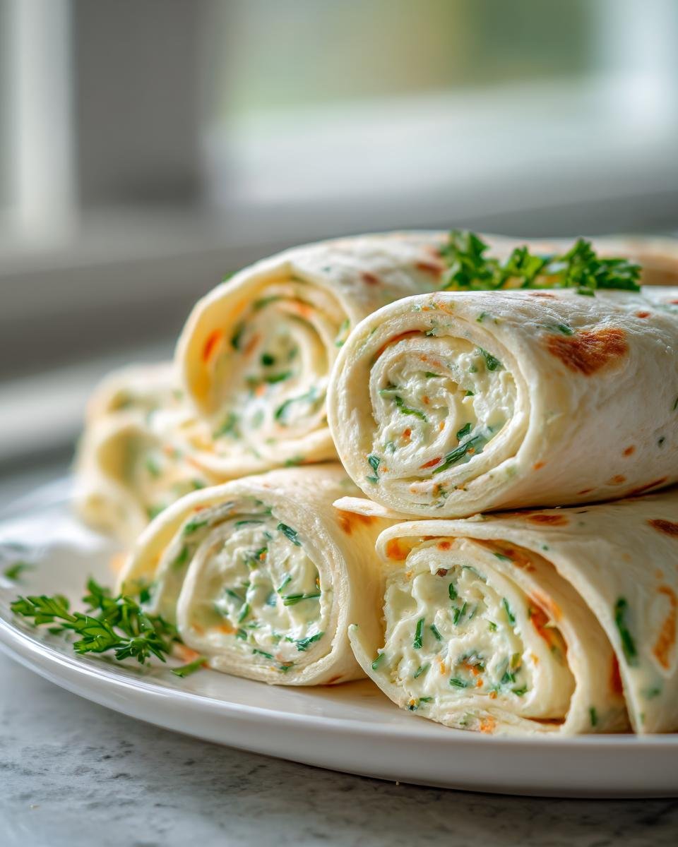 Stapel von cremigen Pinwheel Sandwiches, gef&uuml;llt mit Frischk&auml;se und Kr&auml;utern, auf einem wei&szlig;en Teller.