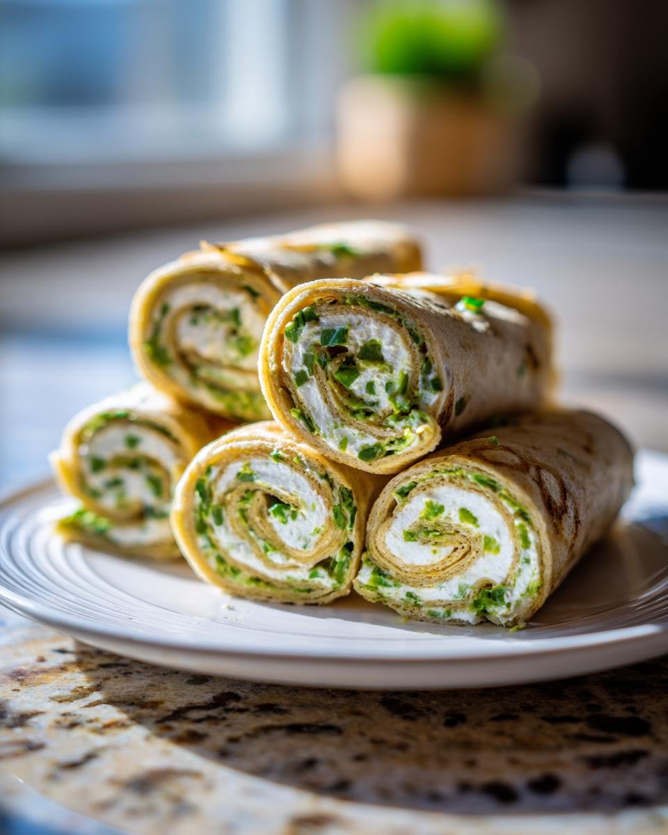 Nahaufnahme von gestapelten Pinwheel Sandwiches, gef&uuml;llt mit wei&szlig;em Frischk&auml;se und viel gr&uuml;nem Schnittlauch.