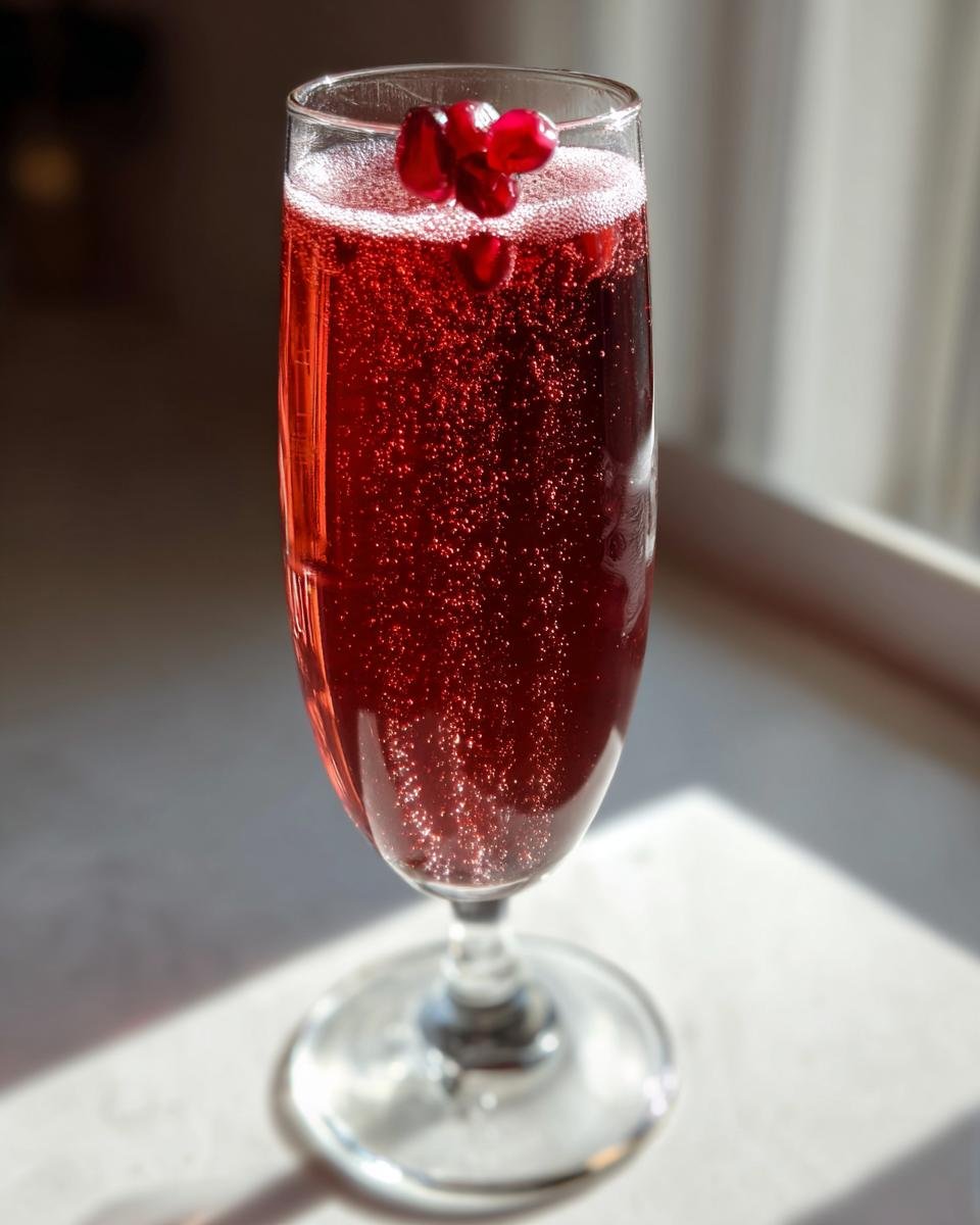 Nahaufnahme eines prickelnden Pomegranate Mimosa in einem Sektglas, garniert mit Granatapfelkernen.