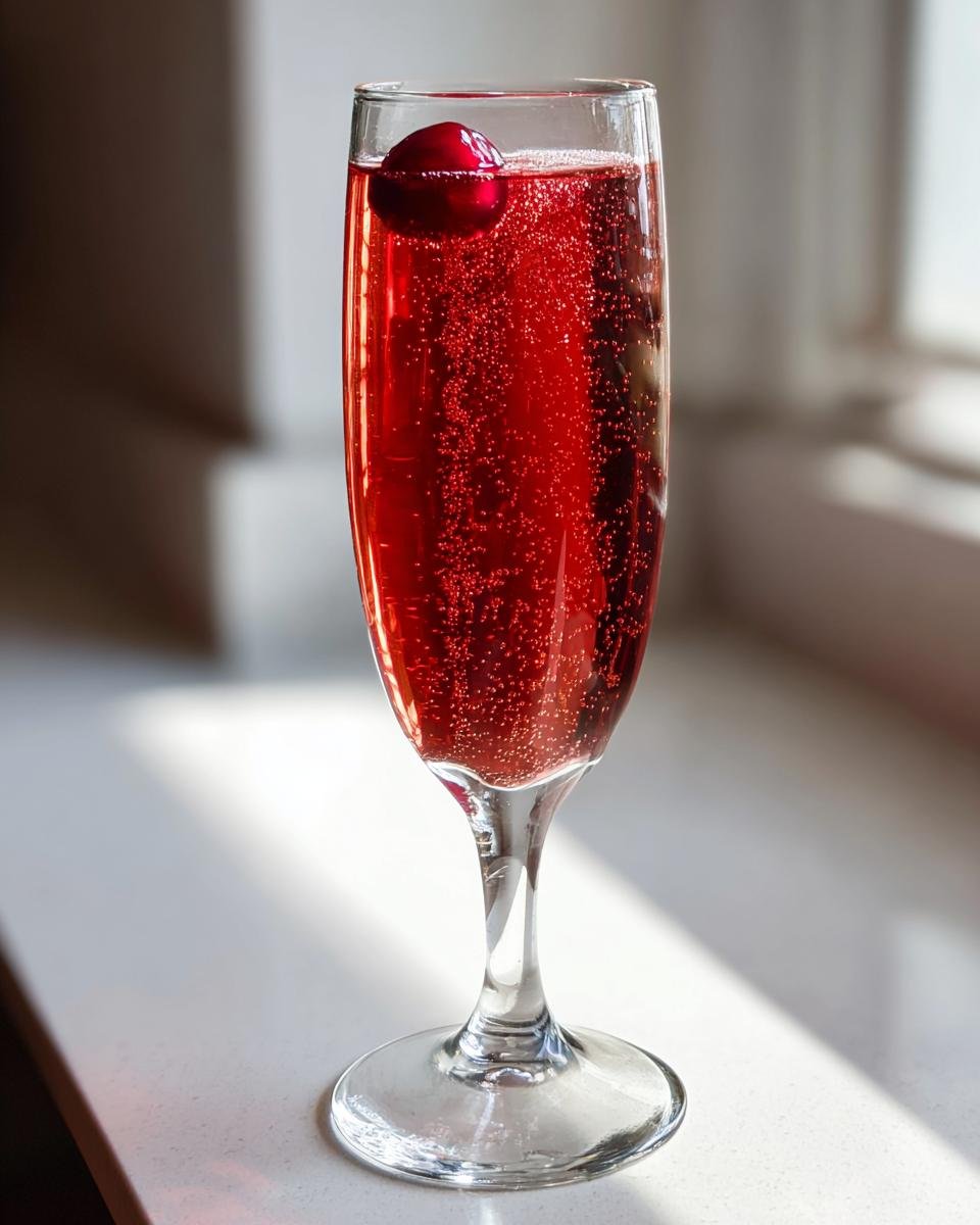 Nahaufnahme eines Pomegranate Mimosa mit sprudelnder roter Fl&uuml;ssigkeit und einer Granatapfelkugel als Garnitur.