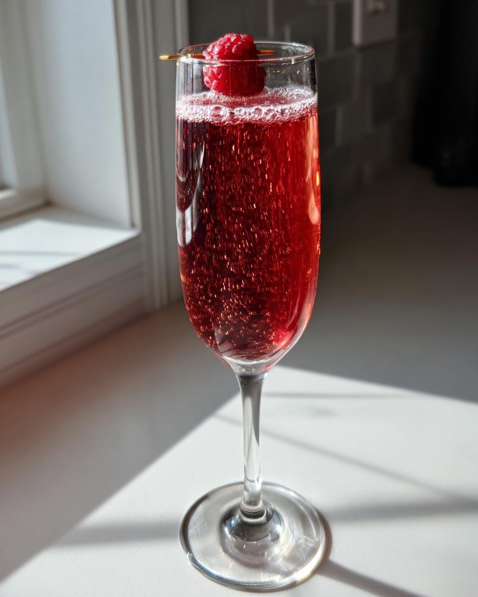 Ein prickelnder Pomegranate Mimosa in einem hohen Sektglas, garniert mit einer Himbeere.