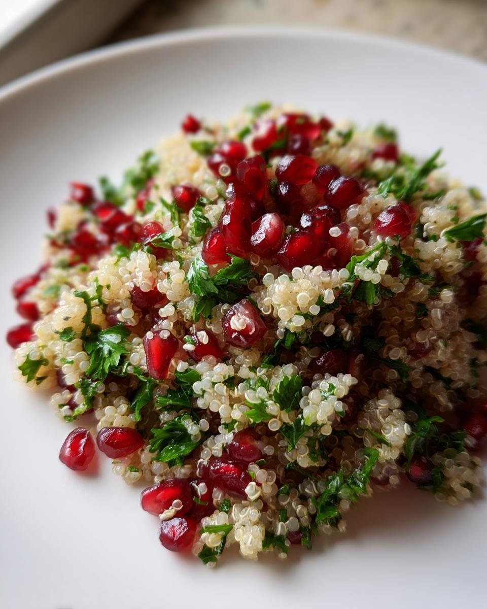 Nahaufnahme eines Pomegranate Quinoa Salad mit leuchtend roten Granatapfelkernen und frischer Petersilie auf einem wei&szlig;en Teller.