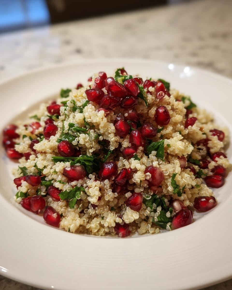 Nahaufnahme eines Pomegranate Quinoa Salad mit hellen Quinoak&ouml;rnern, Petersilie und leuchtend roten Granatapfelkernen auf einem wei&szlig;en Teller.