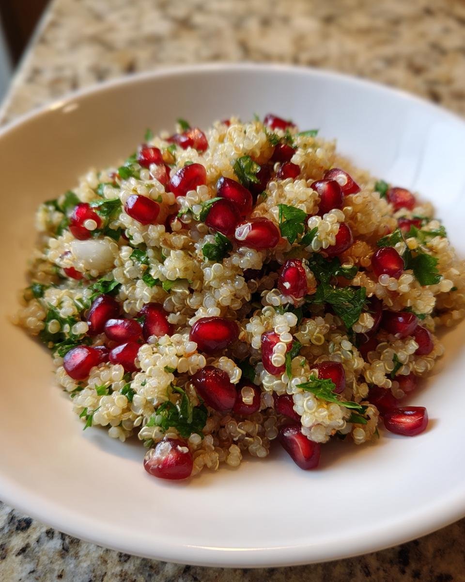 Nahaufnahme eines wei&szlig;en Tellers gef&uuml;llt mit Pomegranate Quinoa Salad, garniert mit leuchtend roten Granatapfelkernen.