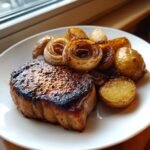Nahaufnahme von saftigen Pork Chops And Potatoes mit karamellisierten Zwiebelringen auf einem wei&szlig;en Teller.