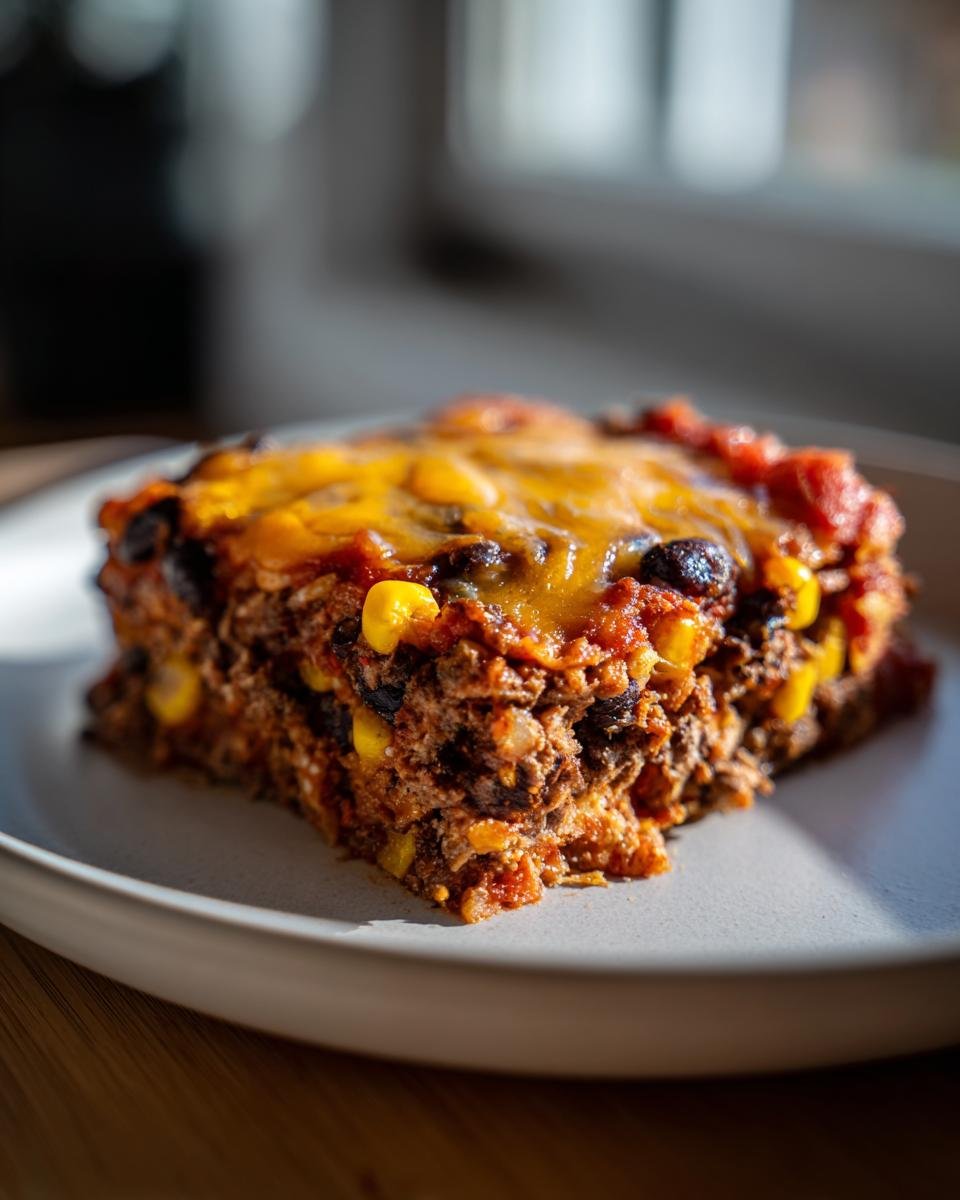 Ein Stück Taco Casserole mit geschmolzenem Käse, Mais und schwarzen Bohnen auf einem Teller.