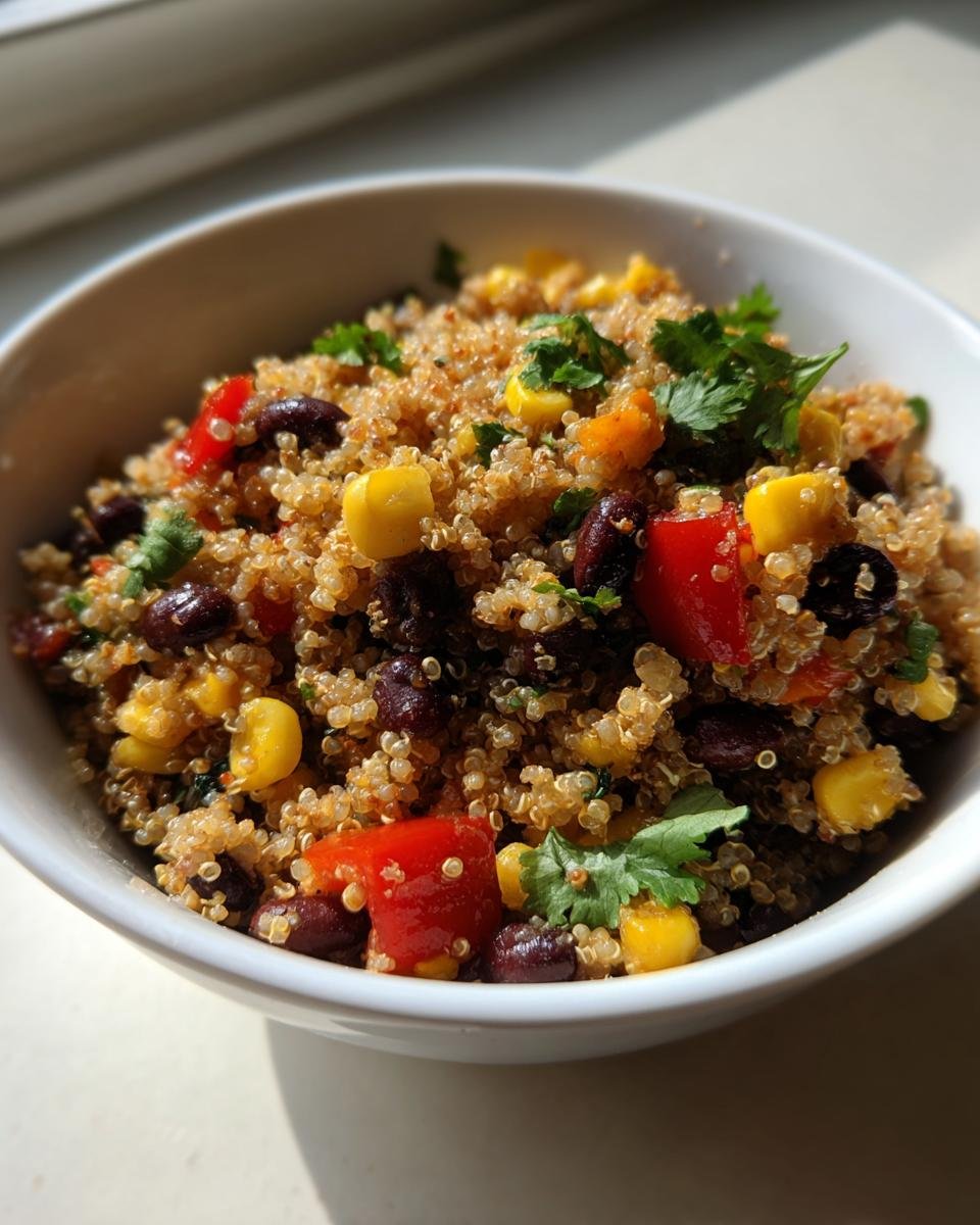 Nahaufnahme eines Quinoa Southwestern Salad mit schwarzen Bohnen, Mais, roter Paprika und Koriander in einer weißen Schüssel.