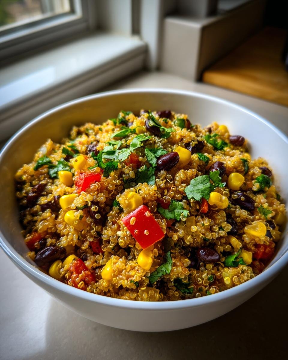 Nahaufnahme eines Quinoa Southwestern Salad mit Mais, schwarzen Bohnen und roter Paprika, garniert mit Koriander.