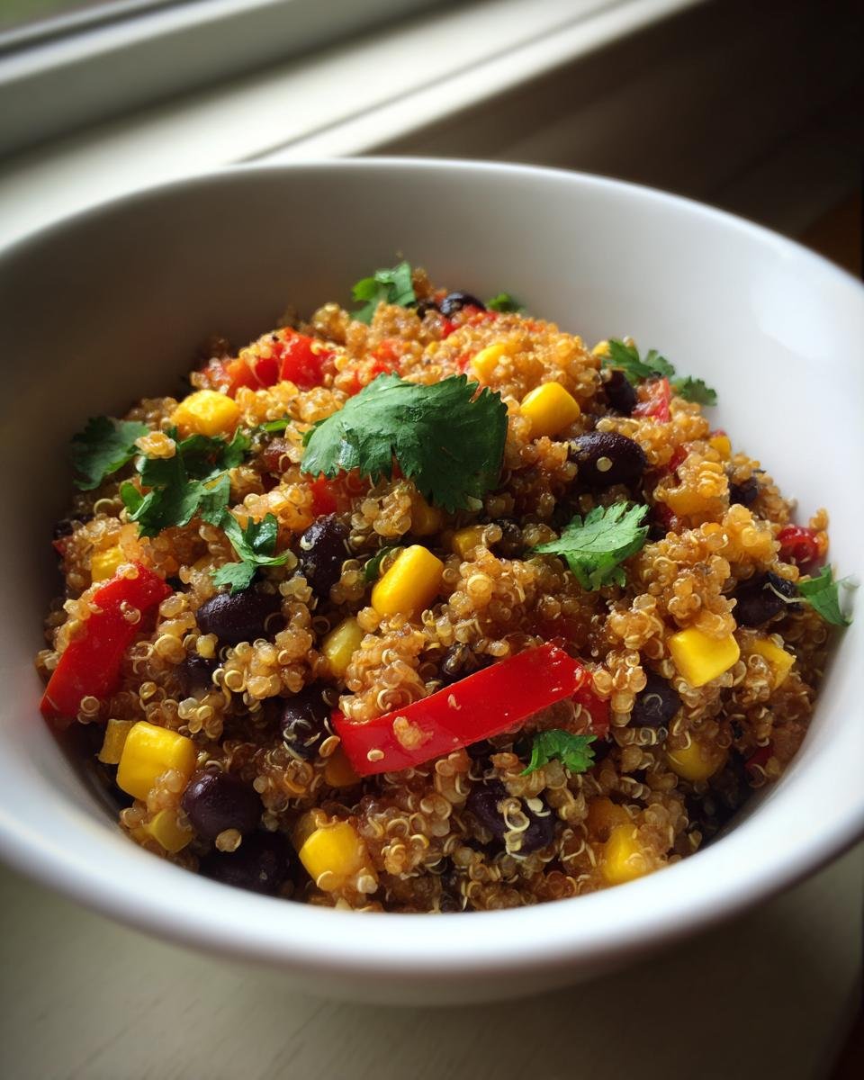 Nahaufnahme eines Quinoa Southwestern Salad mit Mais, schwarzen Bohnen und roter Paprika in einer weißen Schüssel.