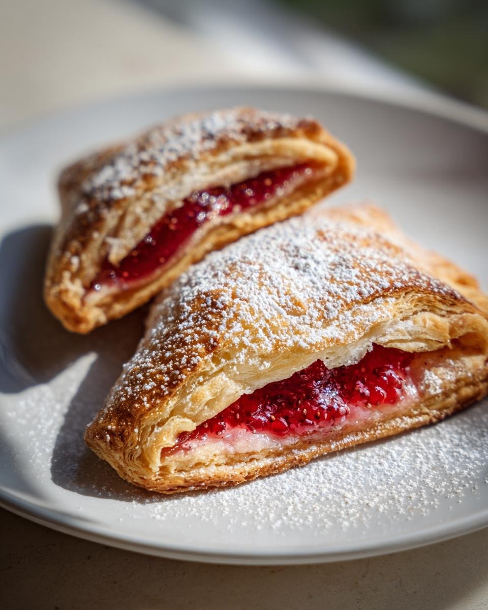 Zwei aufgeschnittene Raspberry Jam Puff Pastries, gef&uuml;llt mit Himbeermarmelade und best&auml;ubt mit Puderzucker.