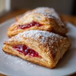 Nahaufnahme von zwei bl&auml;ttrigen Raspberry Jam Puff Pastries, best&auml;ubt mit Puderzucker auf einem wei&szlig;en Teller.
