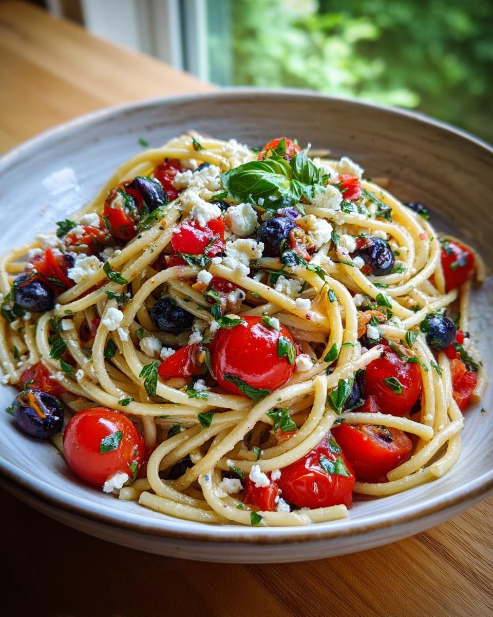 Nahaufnahme eines Red White Blue Pasta Salad Summer mit Kirschtomaten, schwarzen Oliven und Feta-K&auml;se.