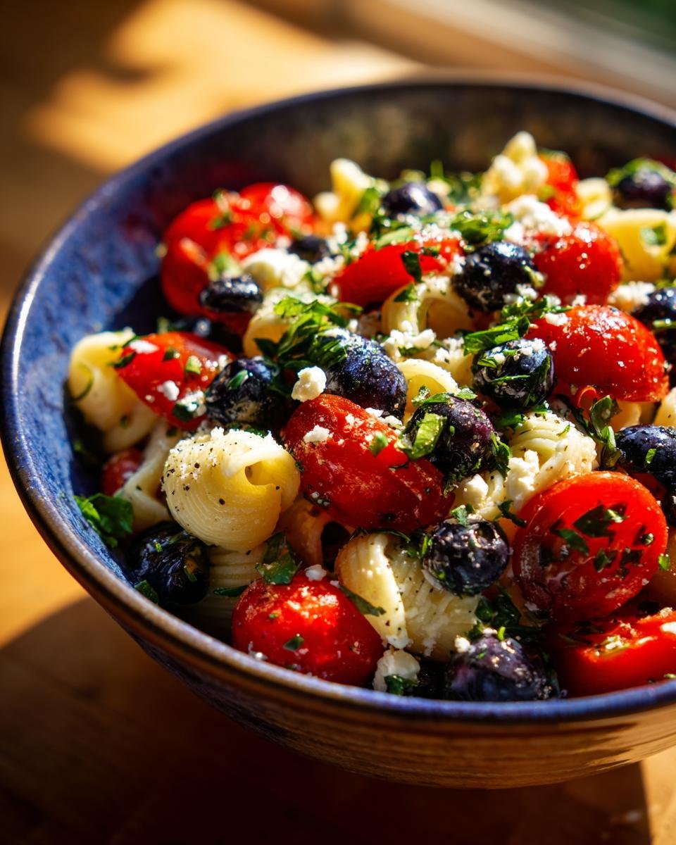 Nahaufnahme einer Sch&uuml;ssel mit Red White Blue Pasta Salad Summer, garniert mit Kirschtomaten, Blaubeeren und Feta.
