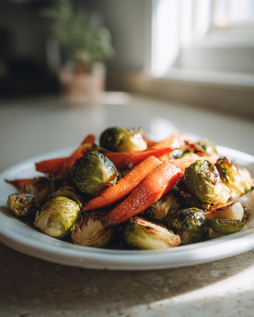 Teller mit gebratenem Rosenkohl und Karotten, dem Hauptbestandteil des Rezepts 