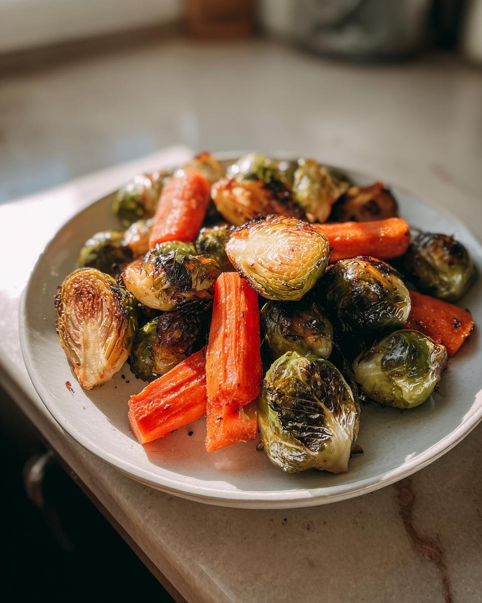 Nahaufnahme von gebratenem Rosenkohl und Karotten auf einem Teller, perfekt f&uuml;r das Rezept 