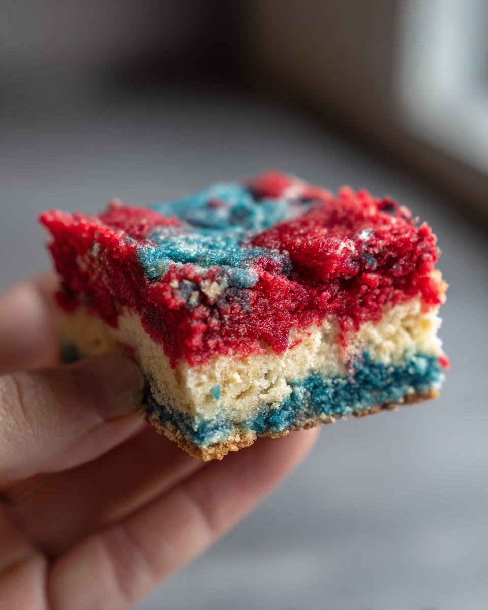 Nahaufnahme eines St&uuml;cks Rot-Wei&szlig;-Blaue Cookie Bars, das in einer Hand gehalten wird.