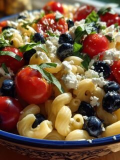 Nahaufnahme eines Sch&uuml;ssel mit Rot-Wei&szlig;-Blauem Nudelsalat f&uuml;r den Sommer, garniert mit Kirschtomaten, Blaubeeren, Fetak&auml;se und Basilikum.