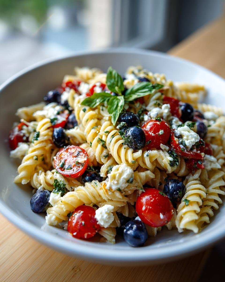 Ein Teller mit Rot-Wei&szlig;-Blauer Nudelsalat f&uuml;r den Sommer, garniert mit Basilikum.