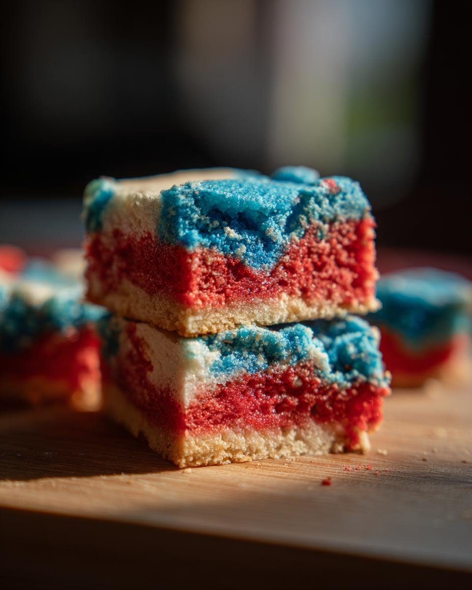 Gestapelte rote, wei&szlig;e und blaue Cookie Bars auf einem Holzbrett, perfekt f&uuml;r das Rezept.
