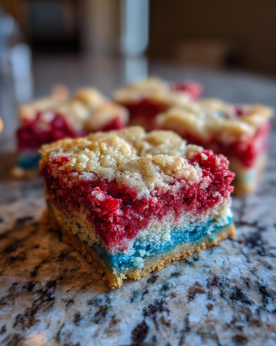 Nahaufnahme eines roten, wei&szlig;en und blauen Cookie Bars, der auf einer Marmorarbeitsplatte liegt.