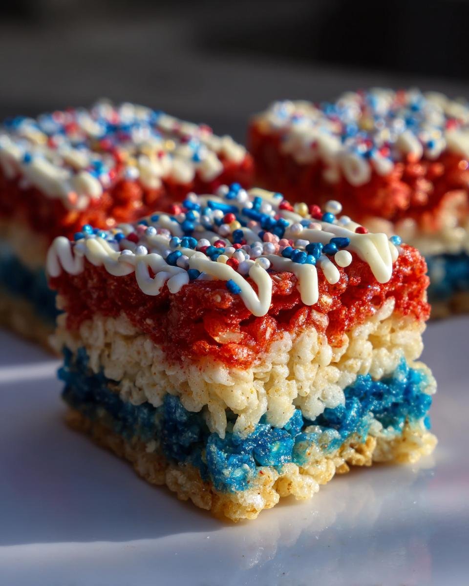 Nahaufnahme von roten, wei&szlig;en und blauen Rice Krispies Treats, dekoriert mit wei&szlig;er Glasur und Streuseln.