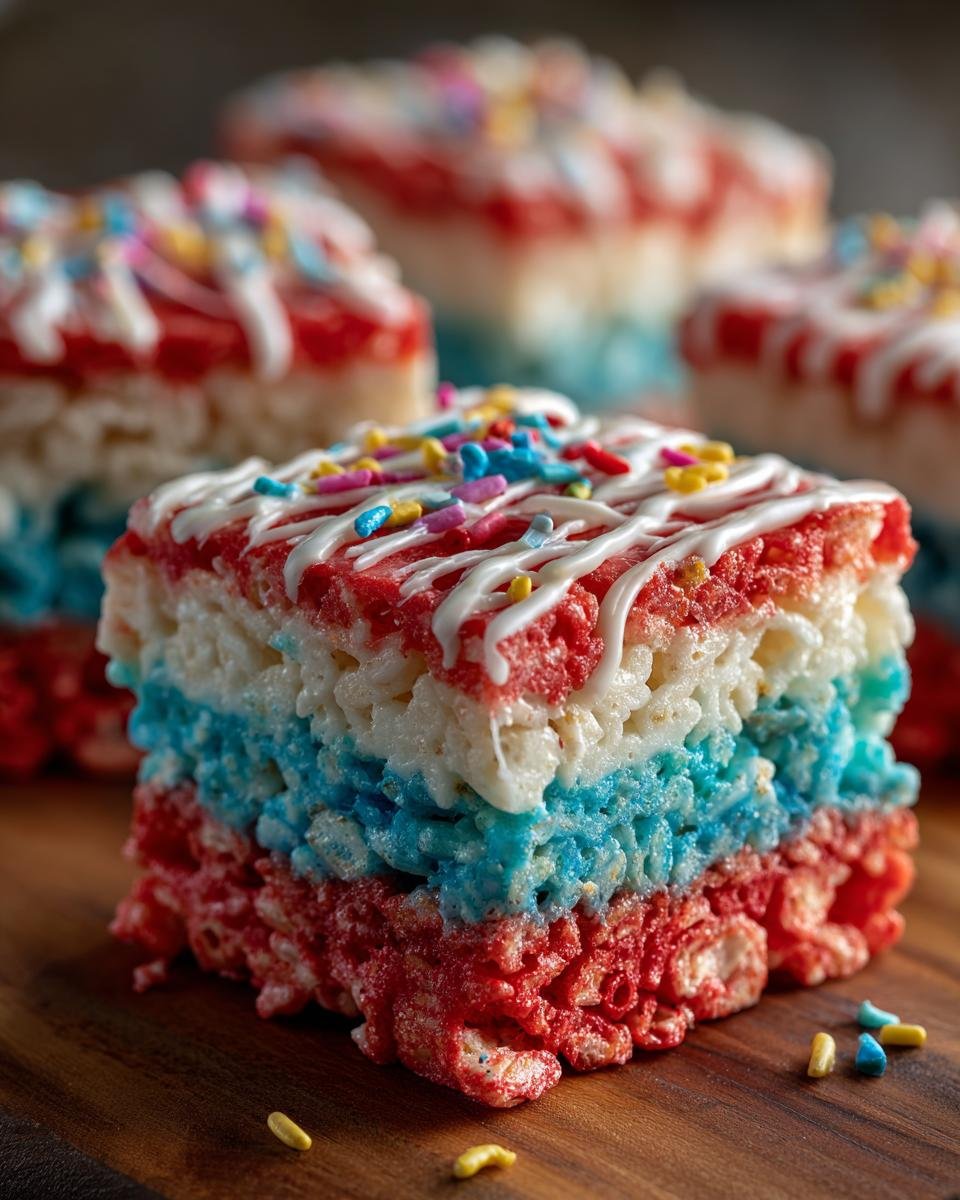 Nahaufnahme von roten, wei&szlig;en und blauen Rice Krispies Treats, geschichtet und mit wei&szlig;er Glasur und Streuseln verziert.