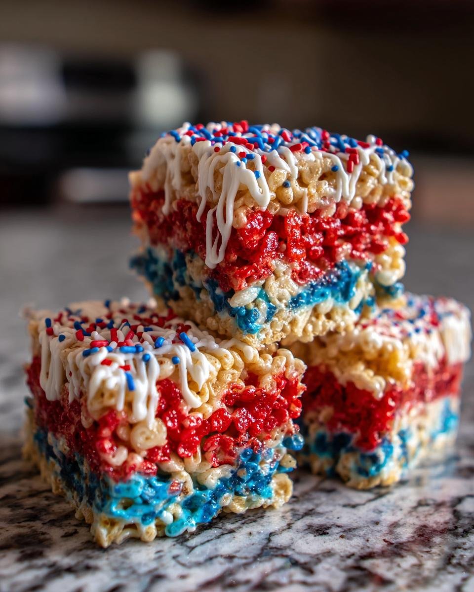 Gestapelte rote, wei&szlig;e und blaue Reiskuchen-Leckereien mit wei&szlig;er Glasur und Streuseln.