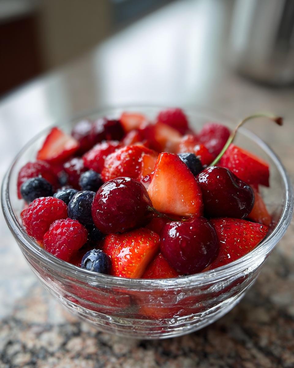Nahaufnahme einer Glassch&uuml;ssel mit rotem Fruchtsalat Sommergl&uuml;ck, gef&uuml;llt mit Erdbeeren, Kirschen, Himbeeren und Blaubeeren.