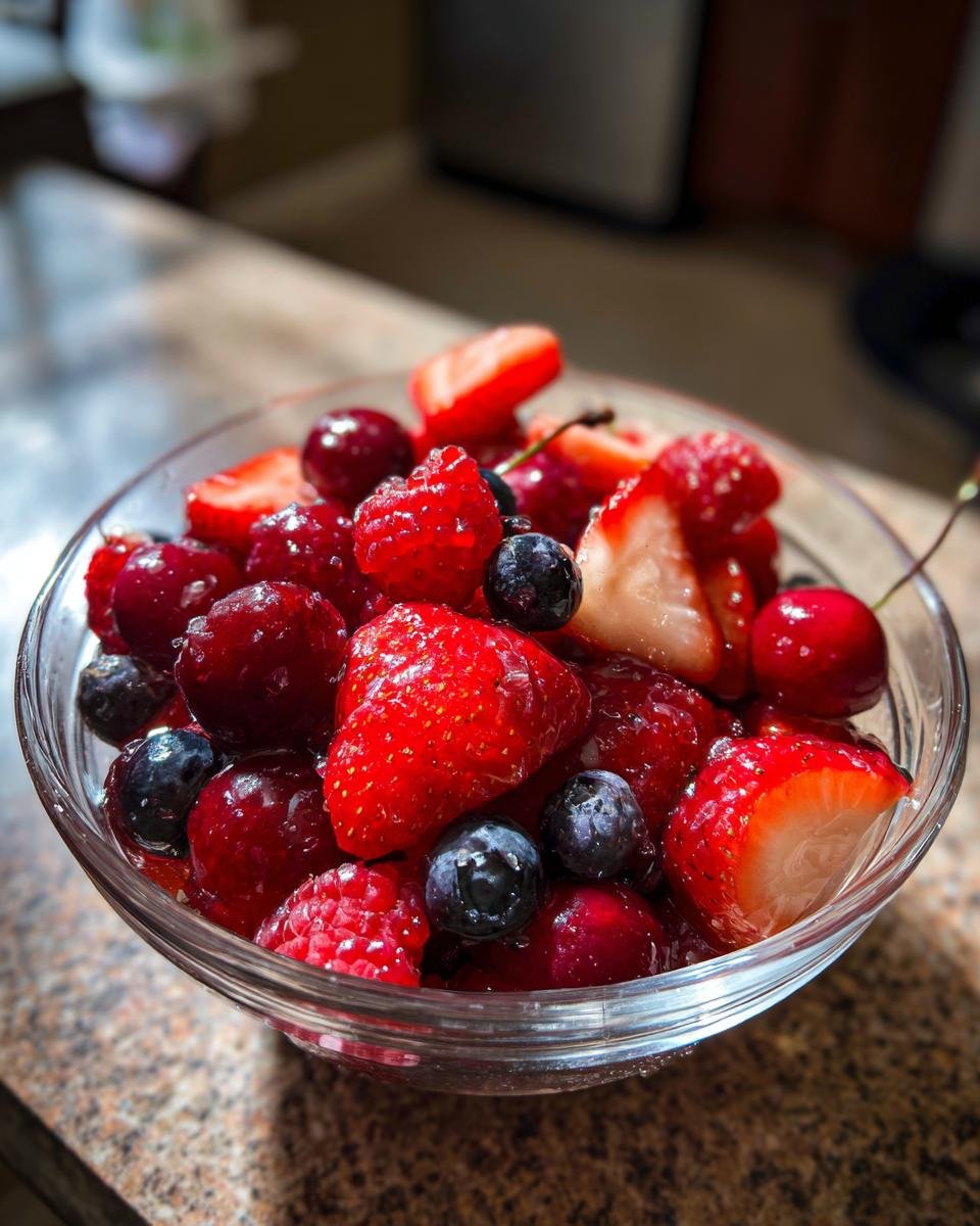 Sch&uuml;ssel mit rotem Fruchtsalat Sommergl&uuml;ck: Erdbeeren, Himbeeren, Kirschen und Blaubeeren.