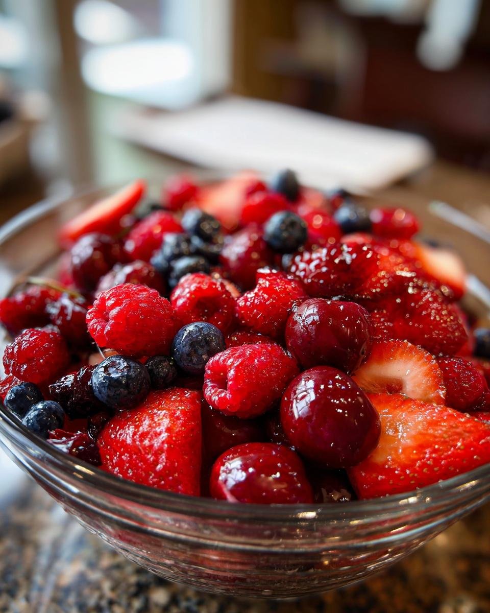 Nahaufnahme einer Glassch&uuml;ssel voller Roter Fruchtsalat Sommergl&uuml;ck mit Erdbeeren, Himbeeren, Blaubeeren und Kirschen.