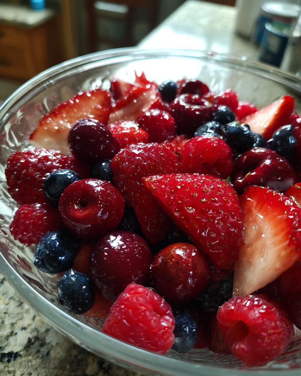 Nahaufnahme eines Sch&uuml;ssel mit rotem Fruchtsalat Sommergl&uuml;ck, voller Erdbeeren, Himbeeren und Blaubeeren.