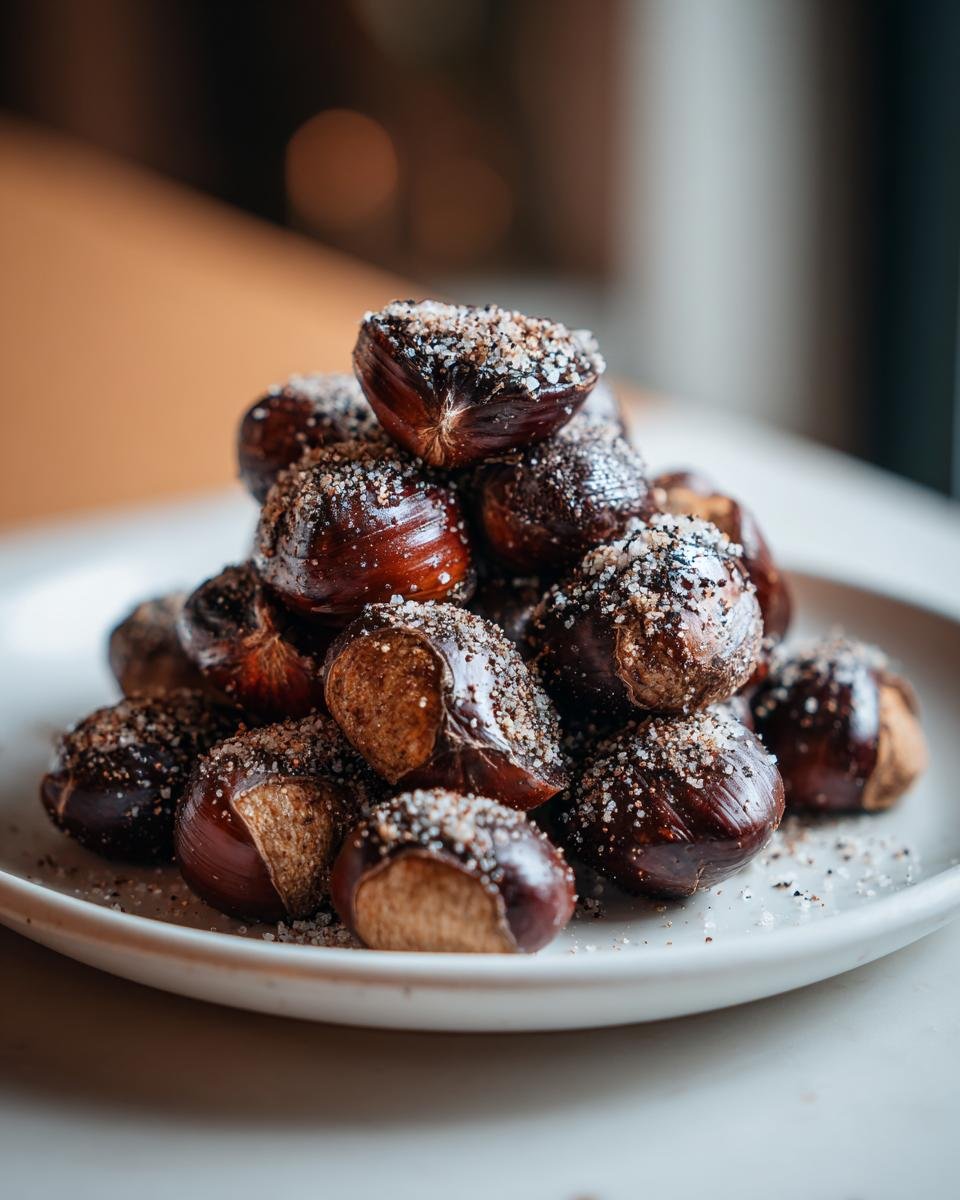 Ein Haufen ger&ouml;steter Kastanien, bestreut mit Salz und Pfeffer, bereit zum Genuss.