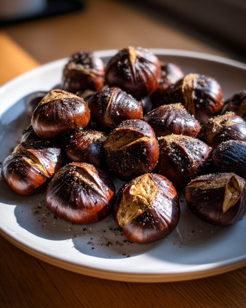 Nahaufnahme von ger&ouml;steten Esskastanien mit Salz und Pfeffer auf einem wei&szlig;en Teller.