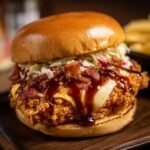 Ein saftiger Santa Fe Chicken Burger mit knusprigem H&auml;hnchen, geschmolzenem K&auml;se, Speck und BBQ-Sauce.