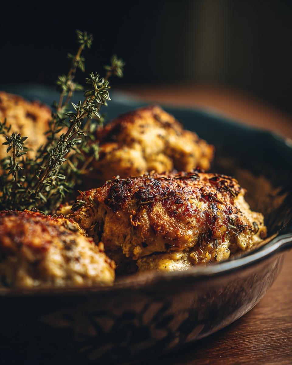 Nahaufnahme von saftigen, gebackenen H&auml;hnchenteilen aus dem Santa Fe Chicken Rezept, garniert mit Thymian.