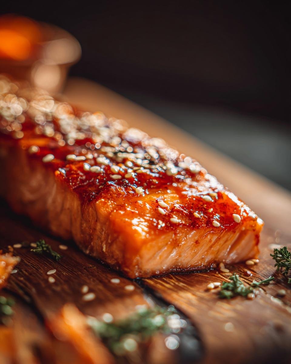 Glasierter Lachs mit Sesam bestreut, serviert auf einem Holzbrett f&uuml;r das Santa Fe Chicken Rezept.